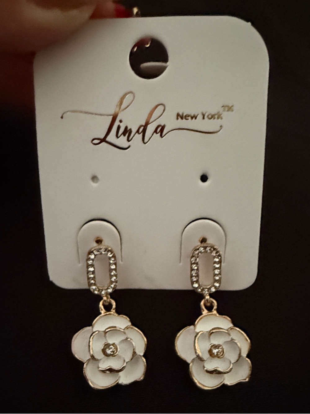 White Flower Drop Earrings with Crystal Accents